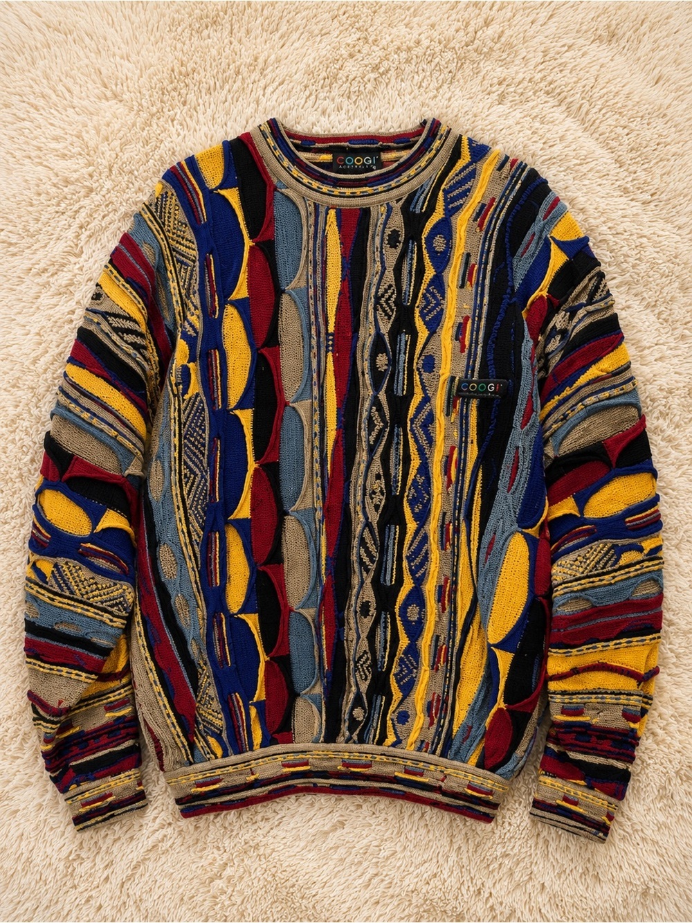 COOGI Multicolor Knit Sweater in Yellow, Blue, Red, Black, Tan